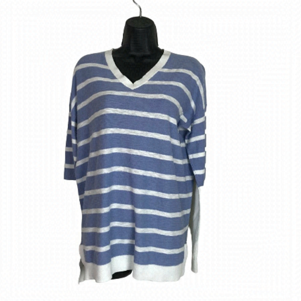 Vince 100% Cotton Blue & White Striped V-neck Sweater Size M